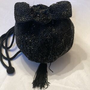 Beaded small black evening bag/reticule. Lined made in china.  Great holiday bag